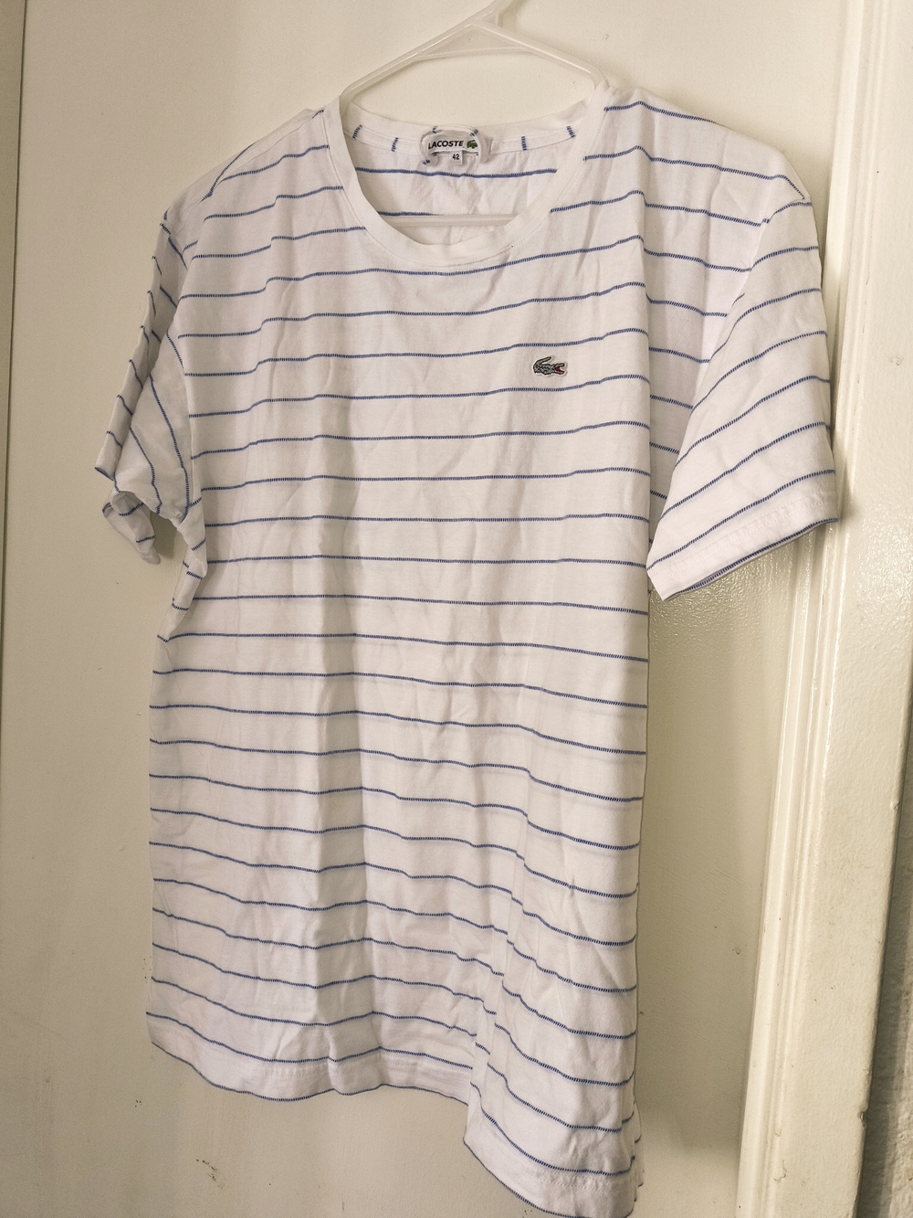 Lacoste White Tee with Thin Blue Stripes